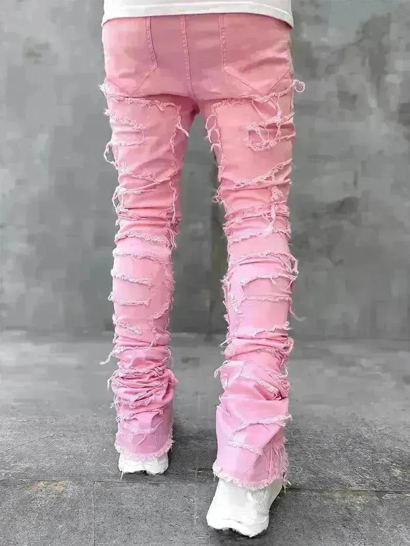 Men Trousers Individual Patched Pants Long Tight Fit Stacked Jeans For Mens Clothing - EX-STOCK CANADA
