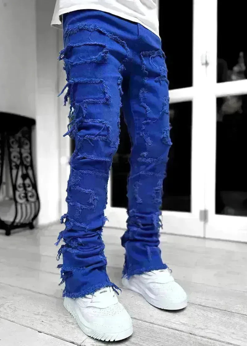 Men Trousers Individual Patched Pants Long Tight Fit Stacked Jeans For Mens Clothing - EX-STOCK CANADA