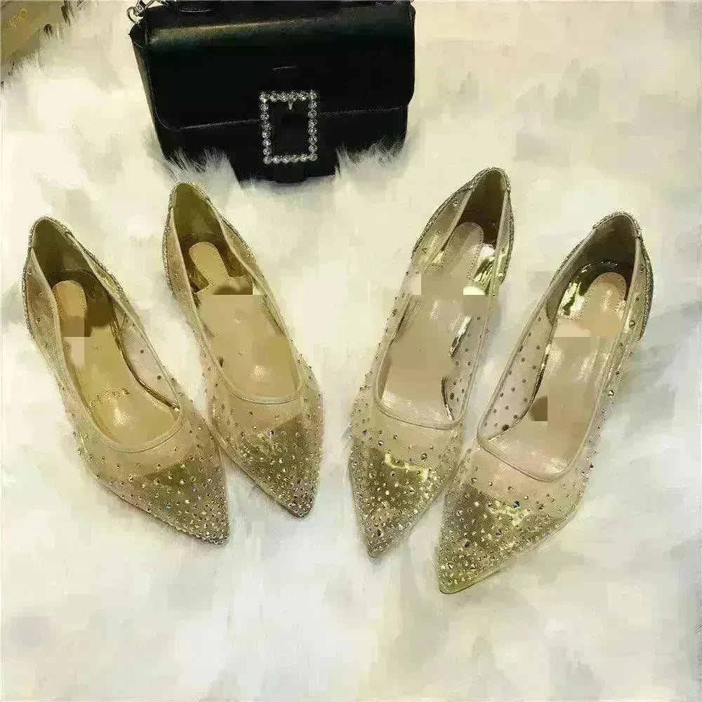 Mesh Rhinestone Transparent Women's Single Shoes Pointed High Heels Women - EX-STOCK CANADA
