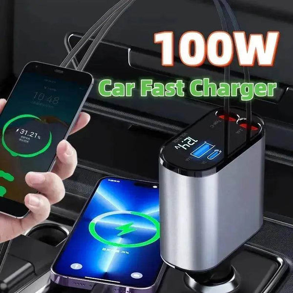100W Metal Car Charger – Super Fast USB & Type-C Adapter with Retractable Cable