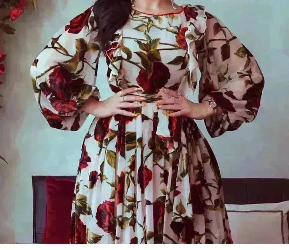 Middle Eastern Turkey Ruffled Rose Printed Bohemian Dress - EX-STOCK CANADA