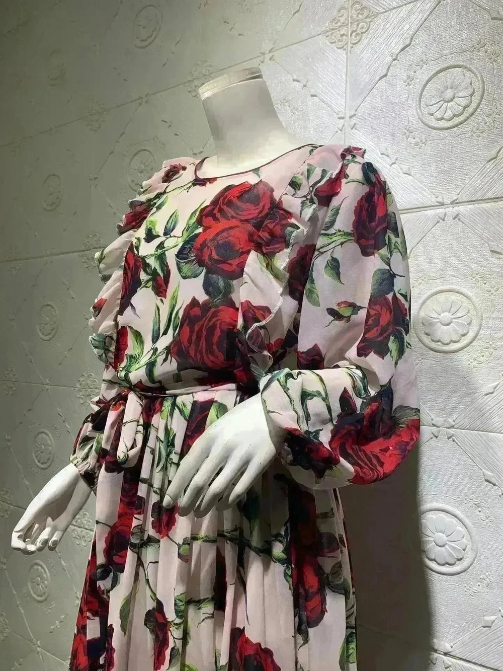 Middle Eastern Turkey Ruffled Rose Printed Bohemian Dress - EX-STOCK CANADA