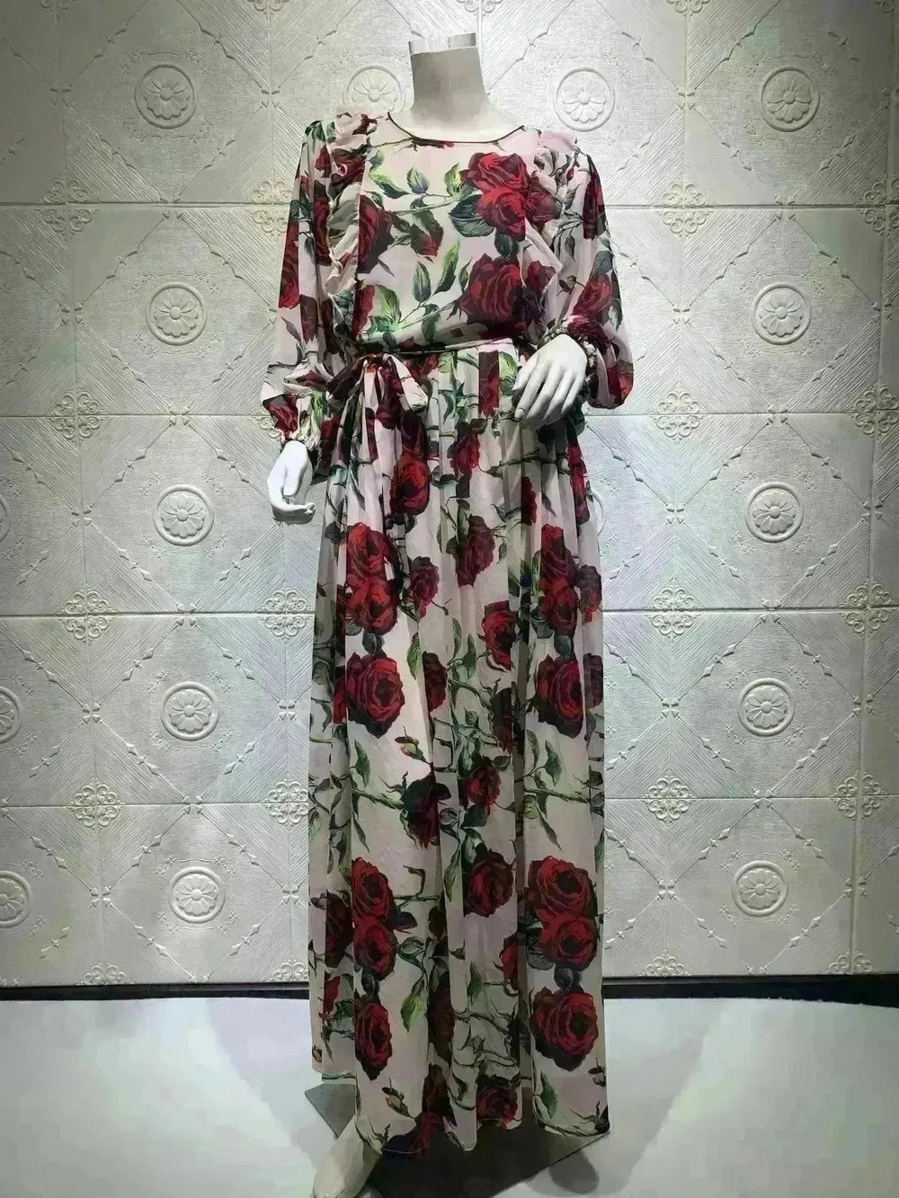 Middle Eastern Turkey Ruffled Rose Printed Bohemian Dress - EX-STOCK CANADA