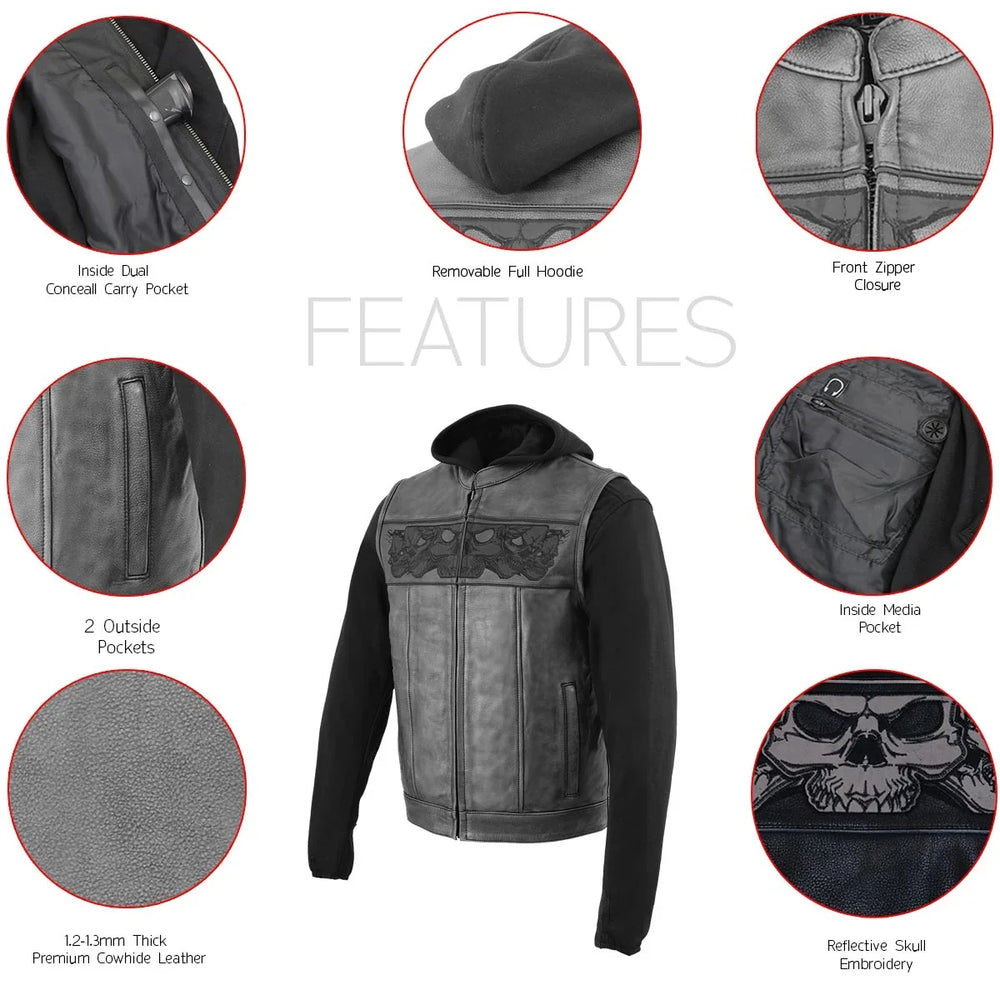 Gilet in pelle nera da uomo Milwaukee Leather con teschi riflettenti e fodera con cappuccio completo 