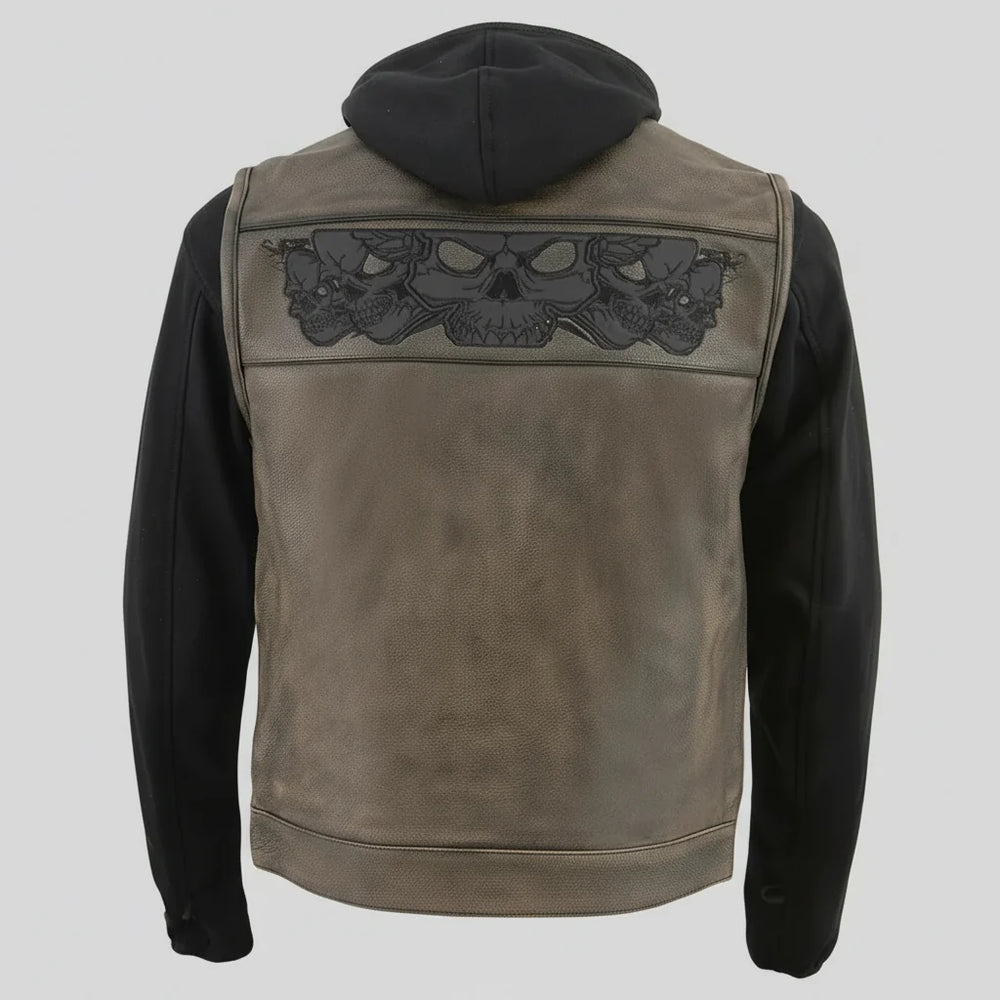 Gilet in pelle con cappuccio e teschio da uomo Milwaukee Leather | Gilet moto 2-in-1 