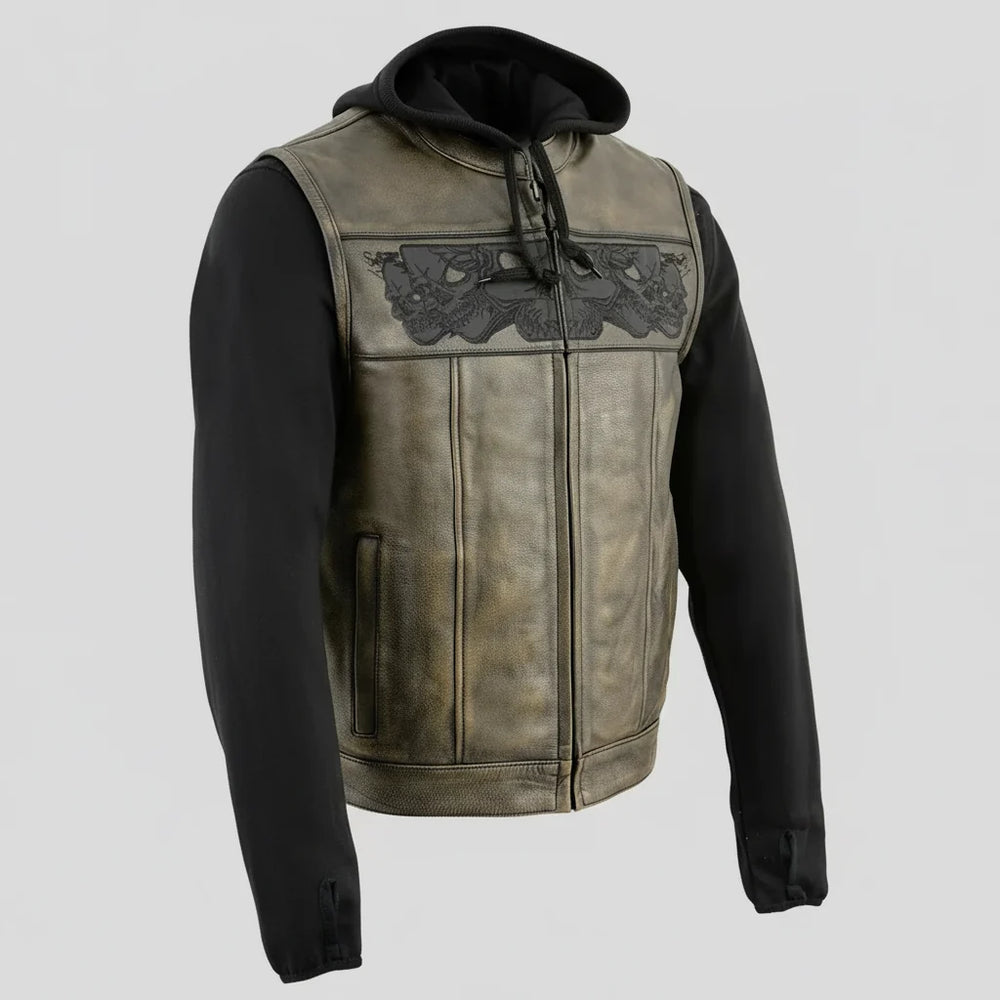 Gilet in pelle con cappuccio e teschio da uomo Milwaukee Leather | Gilet moto 2-in-1 