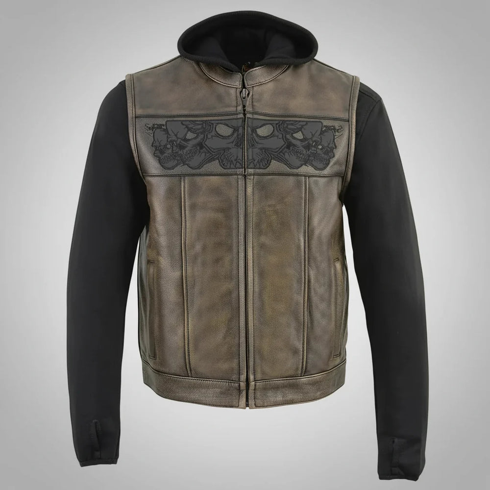 Gilet in pelle con cappuccio e teschio da uomo Milwaukee Leather | Gilet moto 2-in-1 