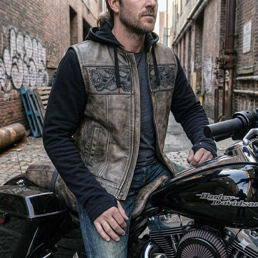 Gilet in pelle con cappuccio e teschio da uomo Milwaukee Leather | Gilet moto 2-in-1 