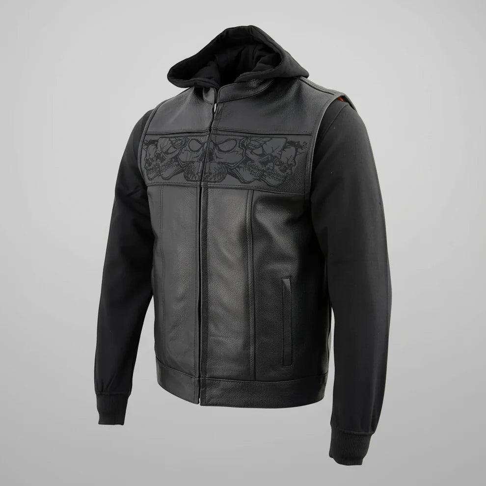 Gilet in pelle nera da uomo Milwaukee Leather con teschi riflettenti e fodera con cappuccio completo 