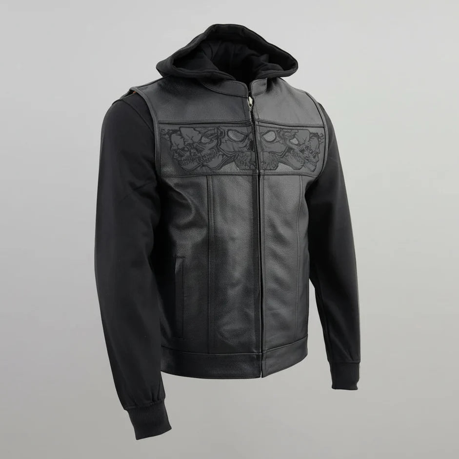 Gilet in pelle nera da uomo Milwaukee Leather con teschi riflettenti e fodera con cappuccio completo 