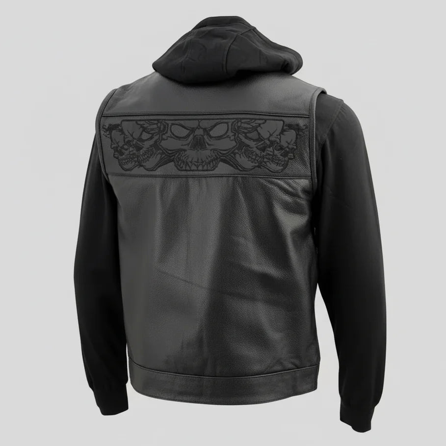 Gilet in pelle nera da uomo Milwaukee Leather con teschi riflettenti e fodera con cappuccio completo 