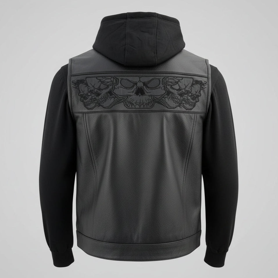 Gilet in pelle nera da uomo Milwaukee Leather con teschi riflettenti e fodera con cappuccio completo 