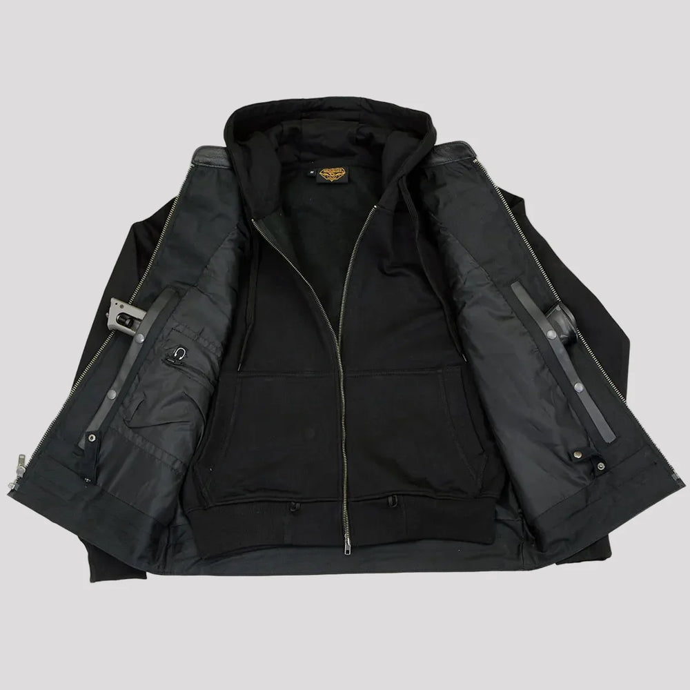 Gilet in pelle nera da uomo Milwaukee Leather con teschi riflettenti e fodera con cappuccio completo 