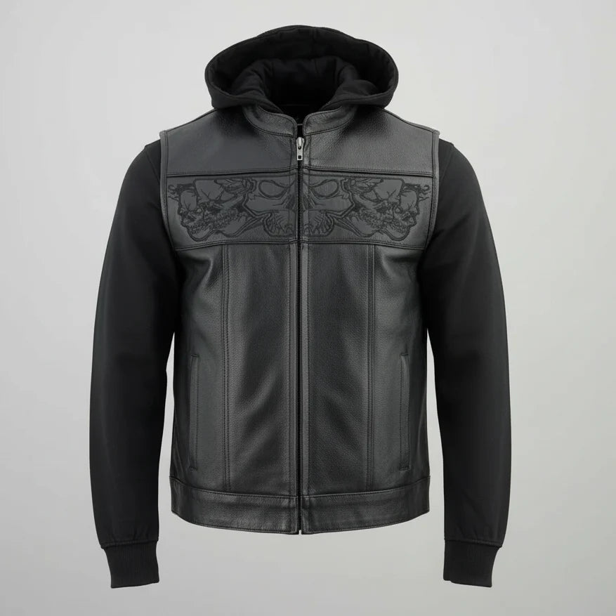 Gilet in pelle nera da uomo Milwaukee Leather con teschi riflettenti e fodera con cappuccio completo 
