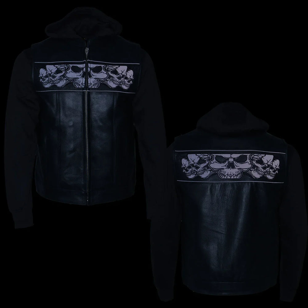Gilet in pelle nera da uomo Milwaukee Leather con teschi riflettenti e fodera con cappuccio completo 