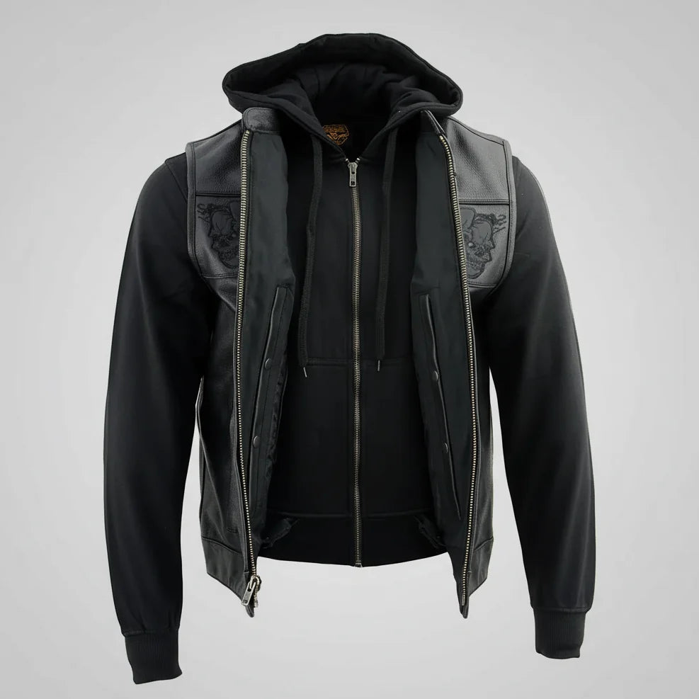Gilet in pelle nera da uomo Milwaukee Leather con teschi riflettenti e fodera con cappuccio completo 