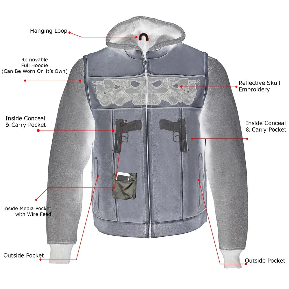 Gilet in pelle nera da uomo Milwaukee Leather con teschi riflettenti e fodera con cappuccio completo 