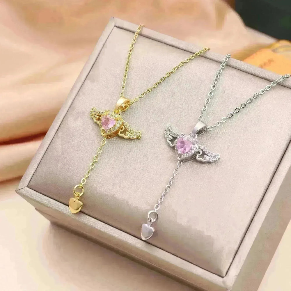 Moving Cupid Heart Angel Wings Tassel Necklace With Crystal Clavicle Chain Women Jewelry Gift Valentine's Day - EX-STOCK CANADA