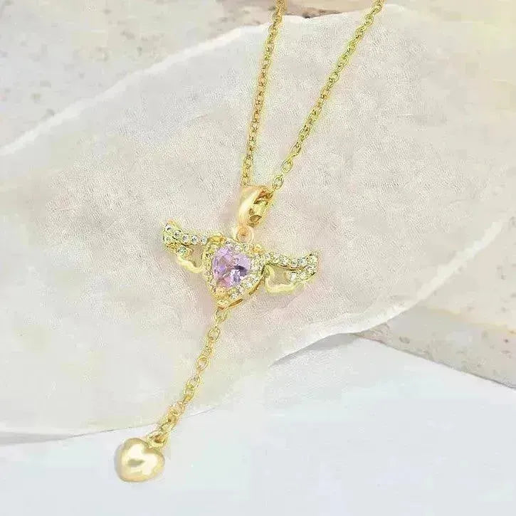 Moving Cupid Heart Angel Wings Tassel Necklace With Crystal Clavicle Chain Women Jewelry Gift Valentine's Day - EX-STOCK CANADA
