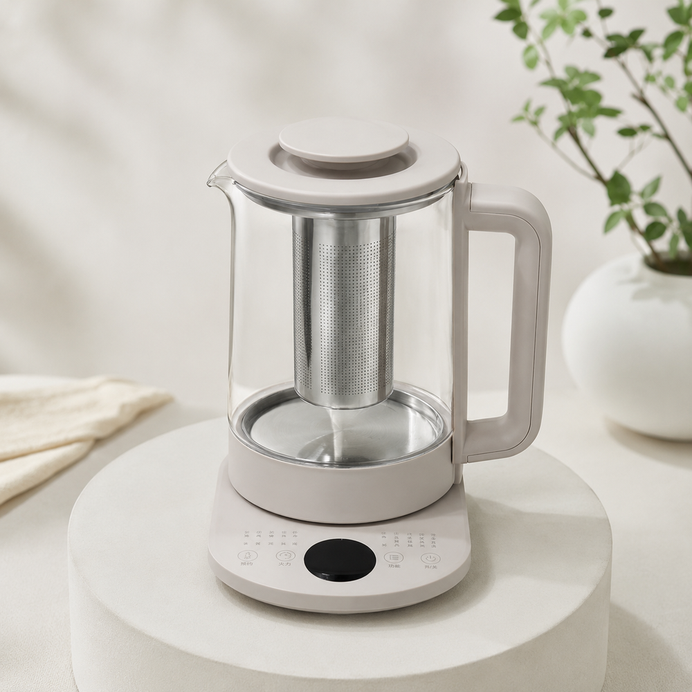 Automatic glass tea maker with stainless steel infuser on a premium neutral pedestal