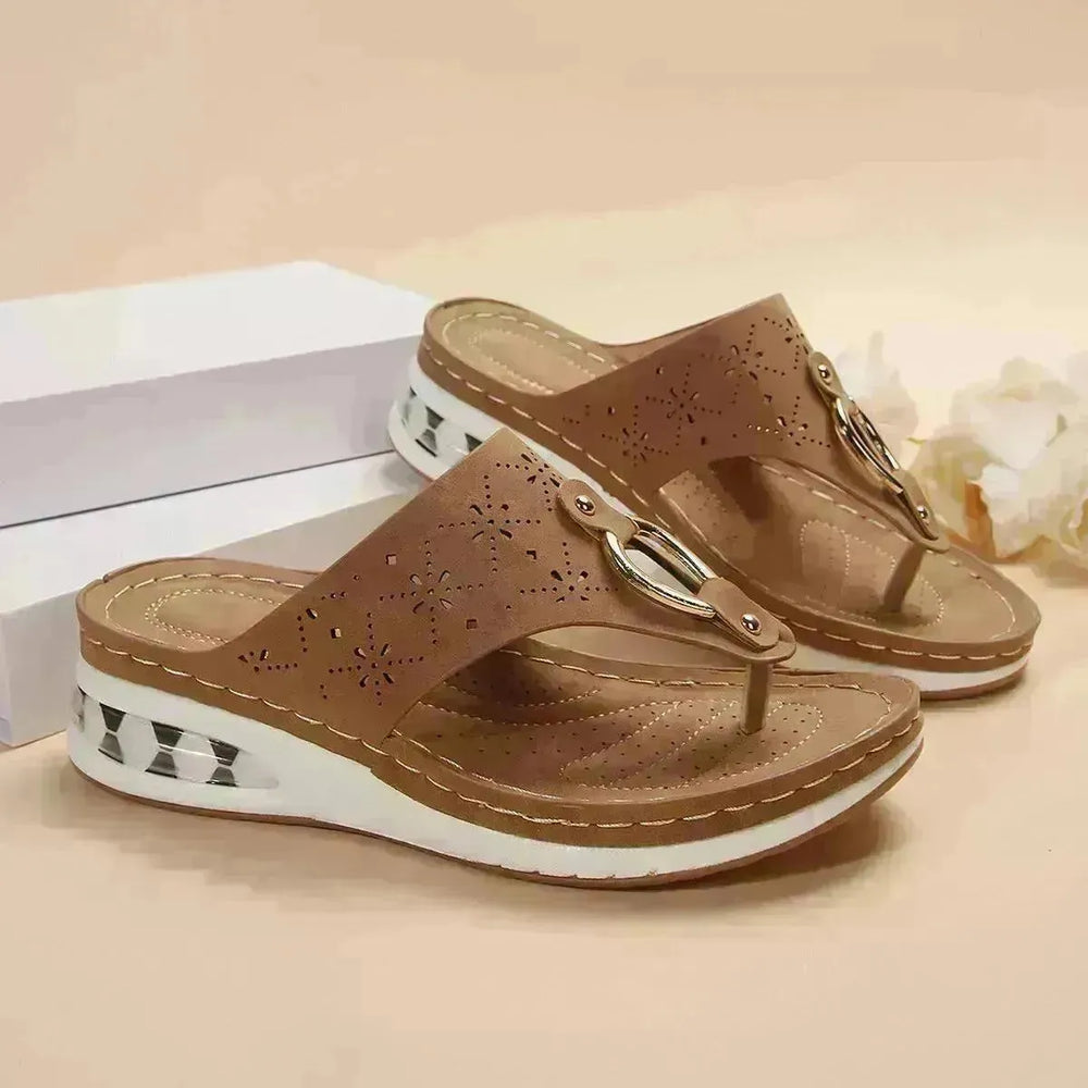 New Air Cushion Thong Sandals Summer Flip Flops Hollow Metal Buckle Wedges Shoes For Women Thick Sole Beach Shoes - EX-STOCK CANADA