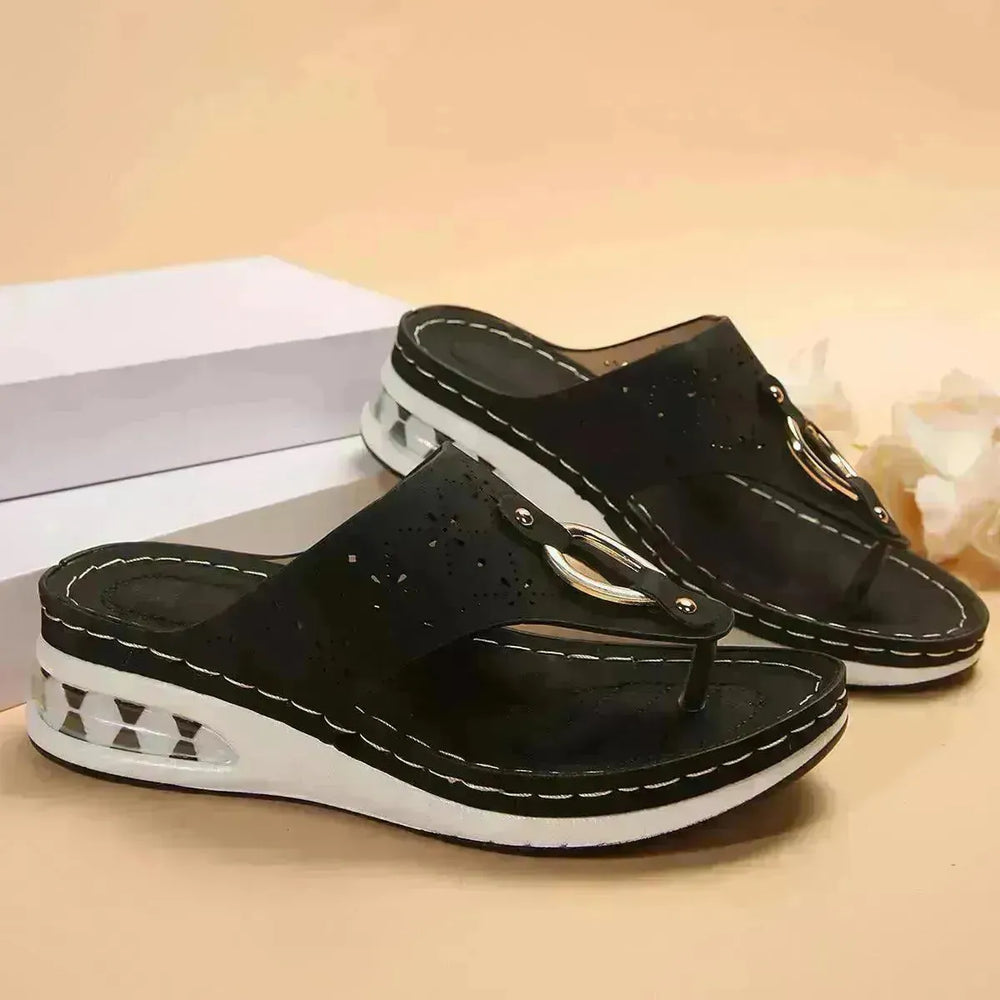 New Air Cushion Thong Sandals Summer Flip Flops Hollow Metal Buckle Wedges Shoes For Women Thick Sole Beach Shoes - EX-STOCK CANADA