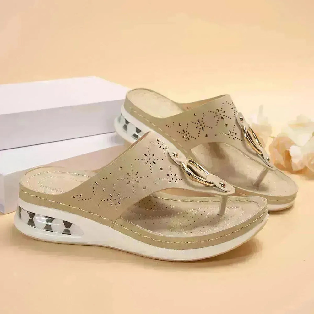 New Air Cushion Thong Sandals Summer Flip Flops Hollow Metal Buckle Wedges Shoes For Women Thick Sole Beach Shoes - EX-STOCK CANADA