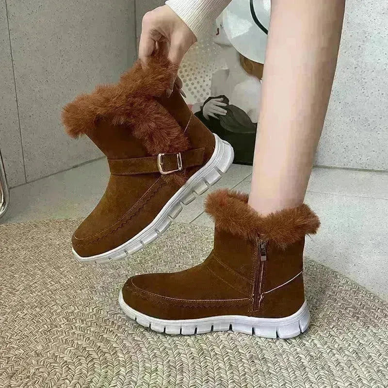 New Snow Boots Winter Warm Thickened Solid Color Plush Ankle Boots With Buckle Design Plus Velvet Flat Shoes For Women - EX-STOCK CANADA