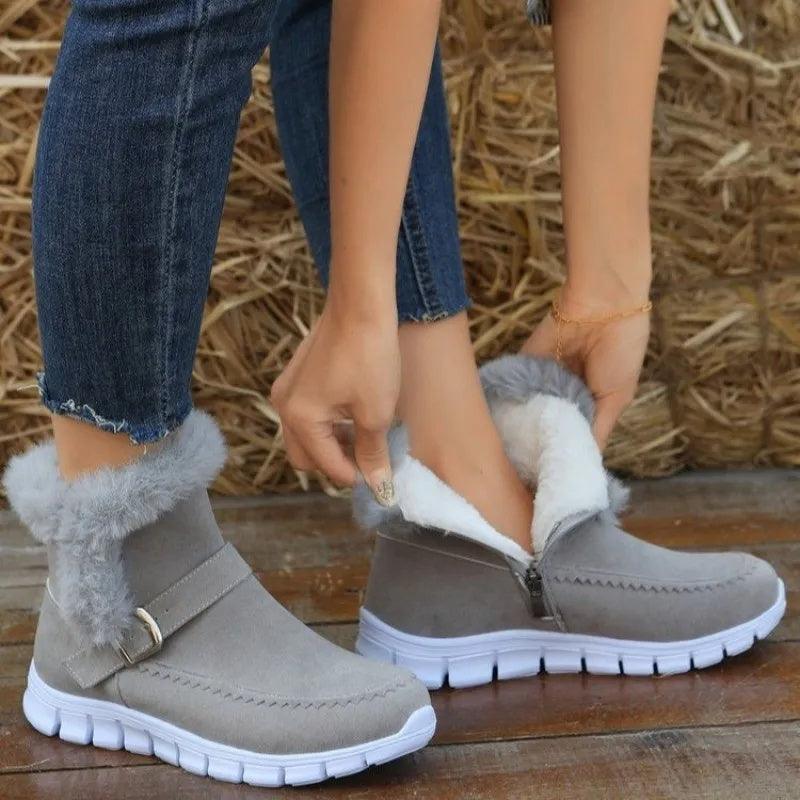 New Snow Boots Winter Warm Thickened Solid Color Plush Ankle Boots With Buckle Design Plus Velvet Flat Shoes For Women - EX-STOCK CANADA