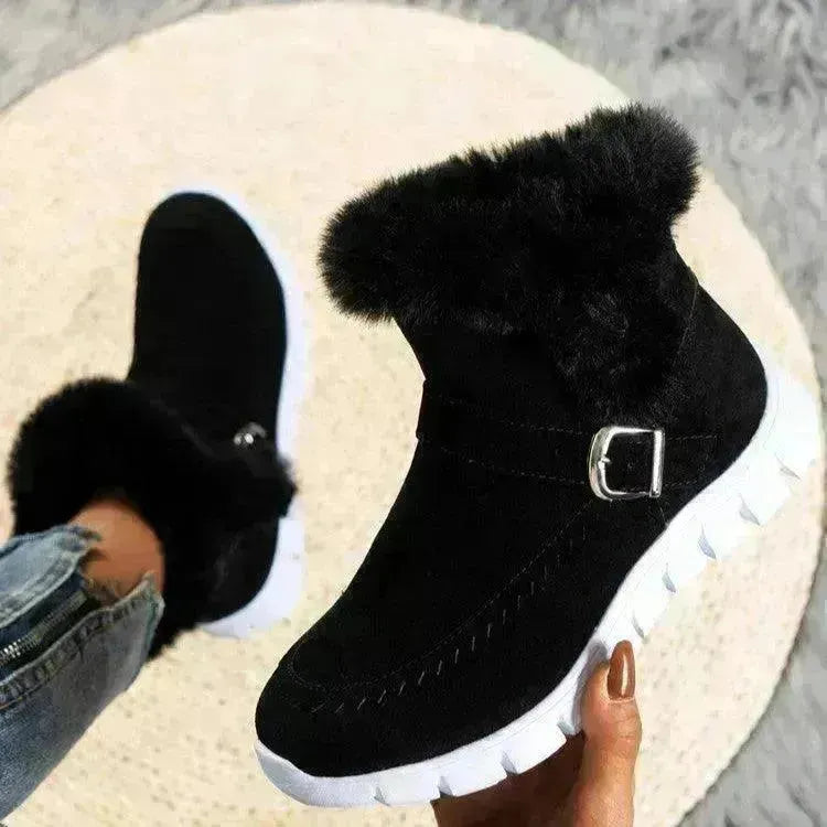 New Snow Boots Winter Warm Thickened Solid Color Plush Ankle Boots With Buckle Design Plus Velvet Flat Shoes For Women - EX-STOCK CANADA