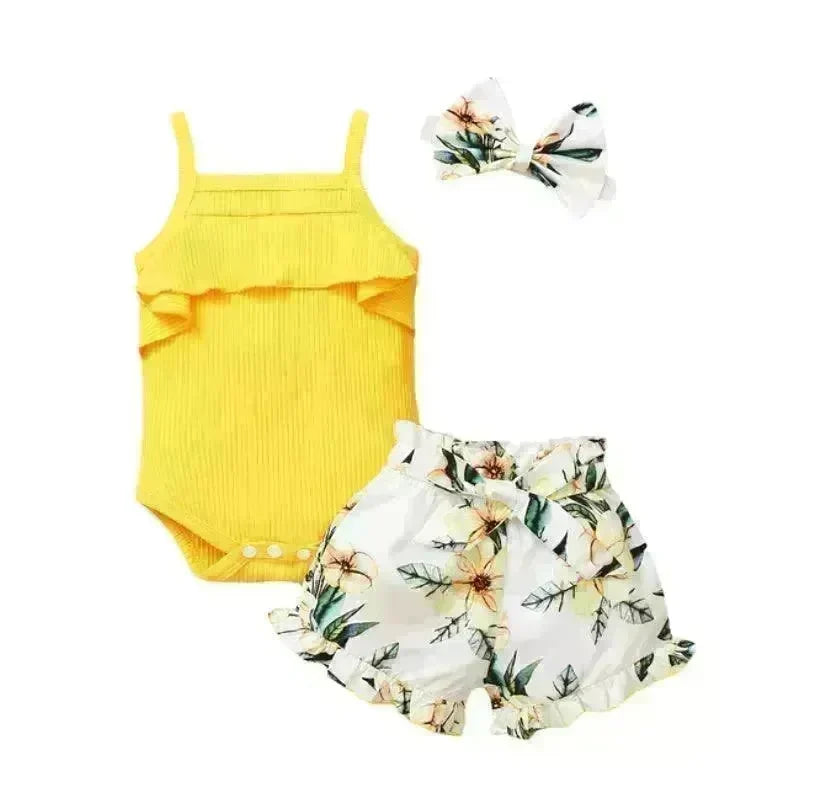 New Summer Baby Girl Suit Cotton Sleeveless Top Floral Pant Bow Tie Children Clothing - EX-STOCK CANADA