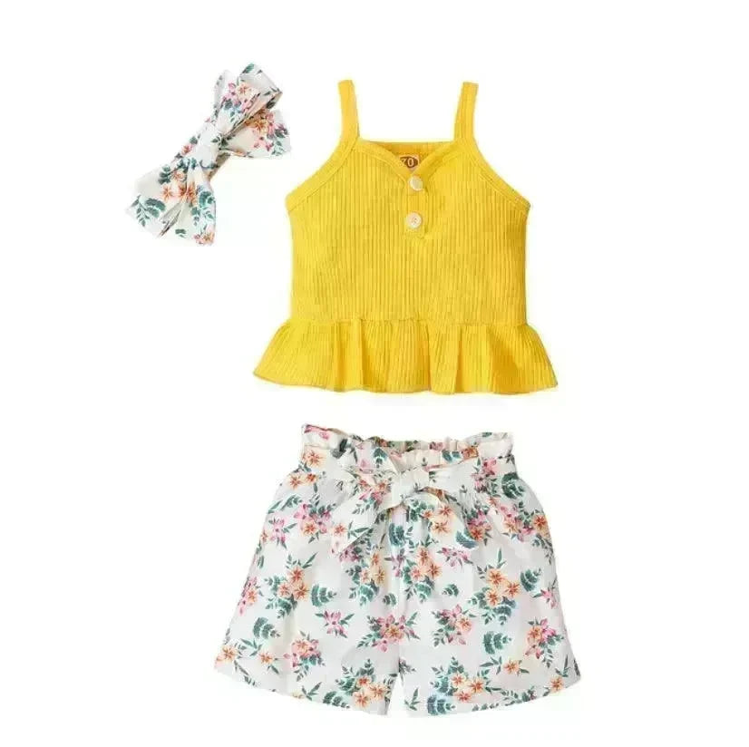 New Summer Baby Girl Suit Cotton Sleeveless Top Floral Pant Bow Tie Children Clothing - EX-STOCK CANADA