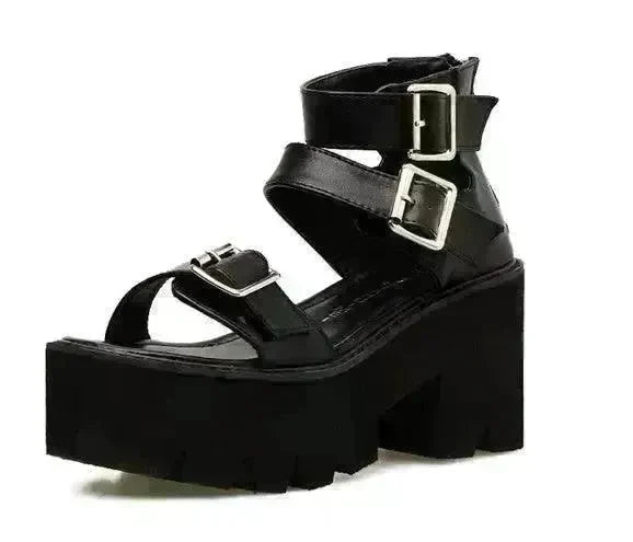 New Summer Roman Style European and American Ladies Ankle buckle Leather High Heel Wedge Black sandals . - EX-STOCK CANADA