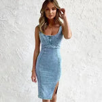 New U-neck Suspender Denim Dress Summer Casual Tight Slim Fit Dresses With Slit Design Womens Clothing - EX-STOCK CANADA