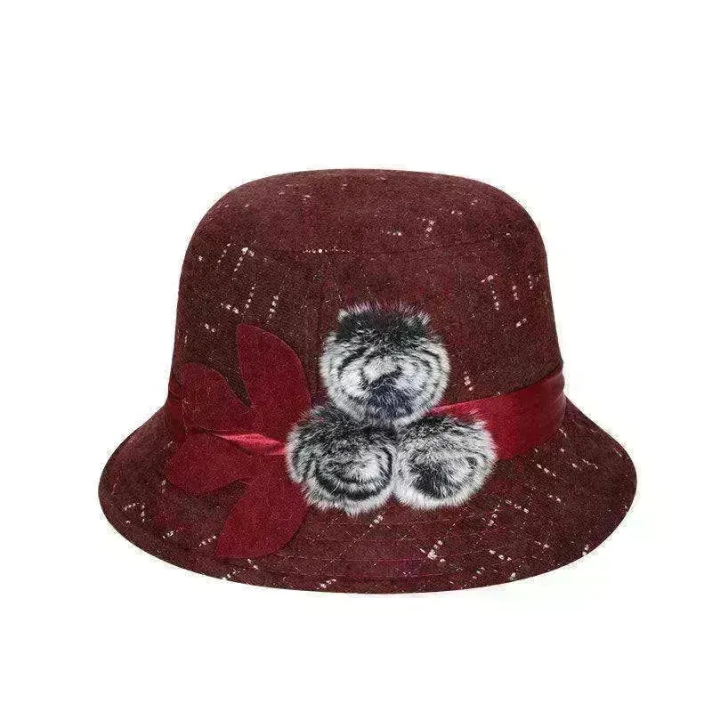 New women's woolen French plain weave flowers basin hat - EX-STOCK CANADA