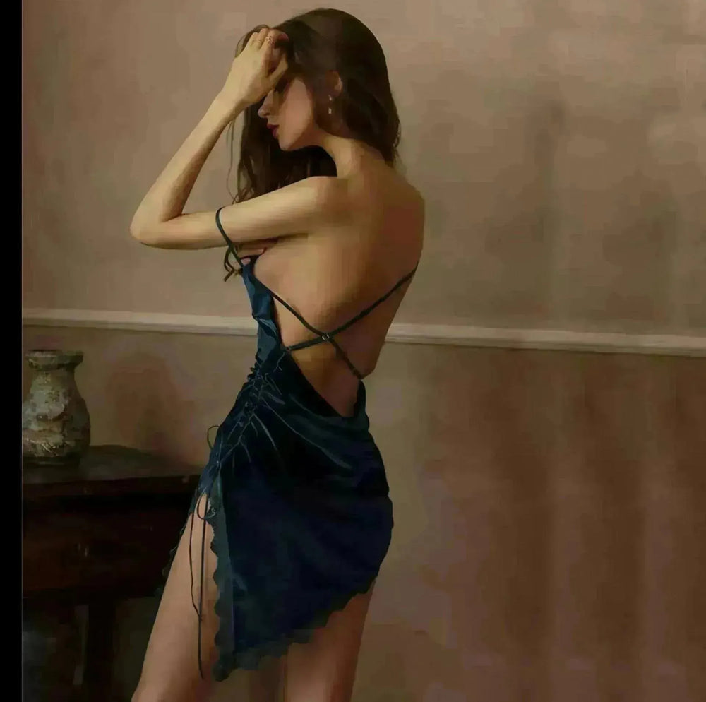 Noble Velvet Side Slit Sling Backless Pajamas - EX-STOCK CANADA