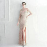 Ostrich Feather Off-shoulder Collar Sequined Dress Long Evening Gown - EX-STOCK CANADA
