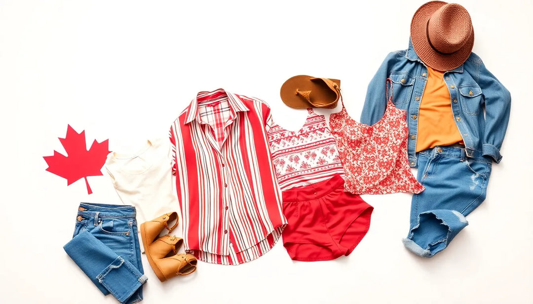 Summer clothing items including a shirt, shorts, sandals, and a hat on a white background with a red maple leaf.