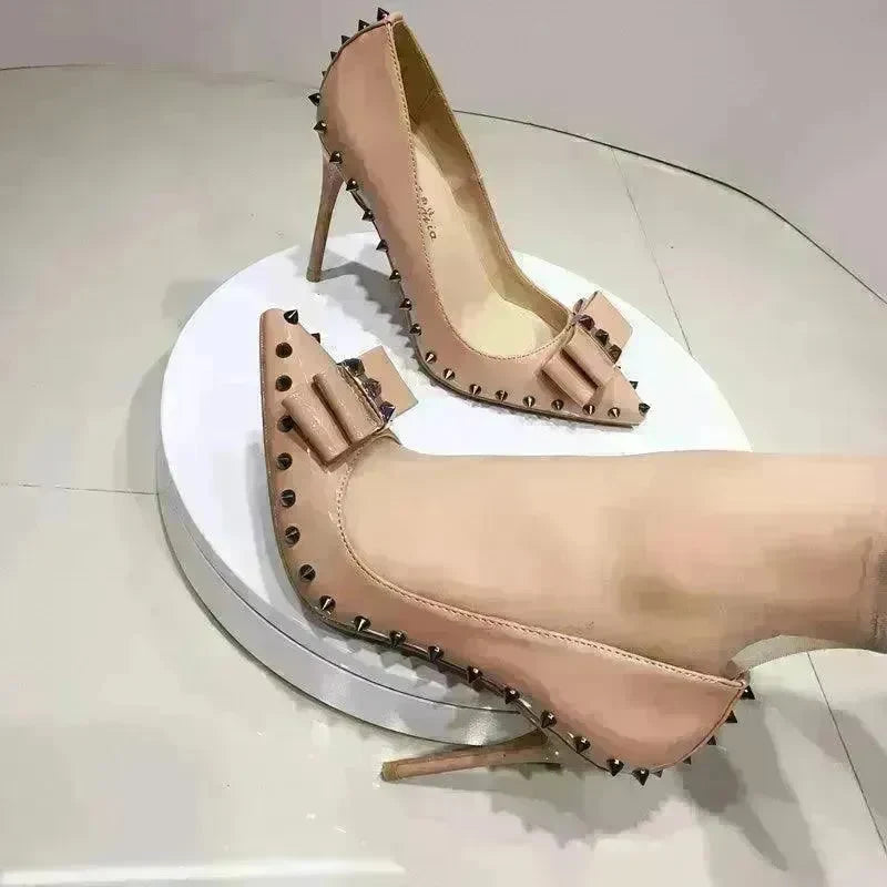 Patent Leather Bow Rivet High Heels Pointed Toe Stiletto Shoes - EX-STOCK CANADA