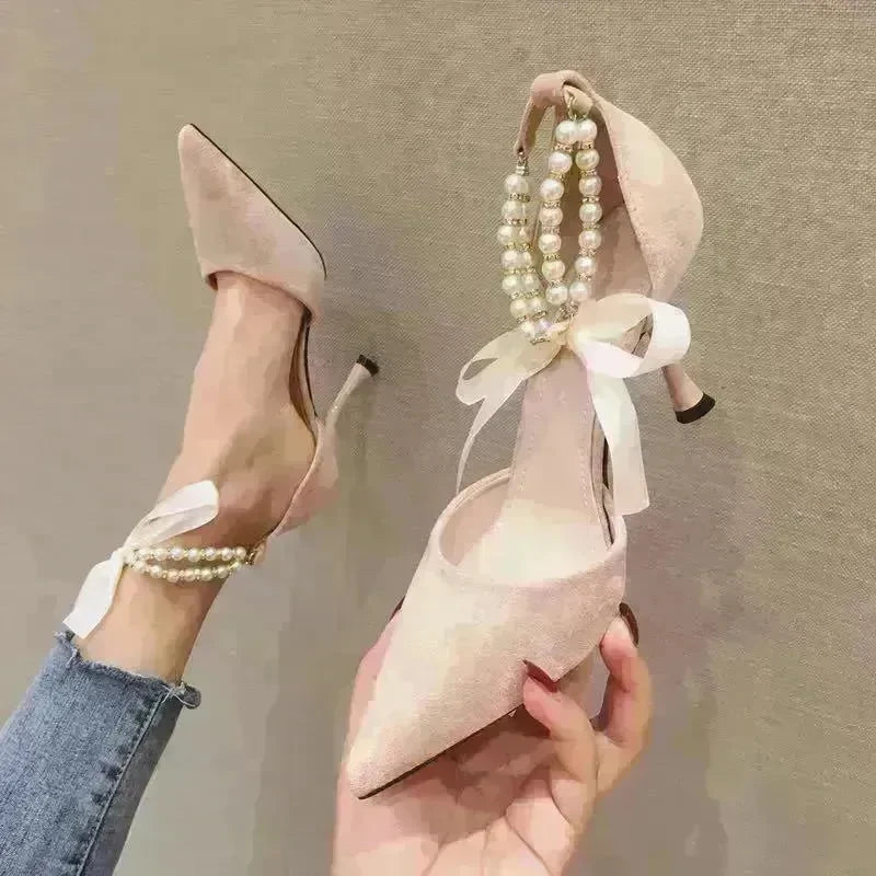 Pearl Ankle Strap High Heels Trendy Pointed Toe Stiletto Shoes - EX-STOCK CANADA