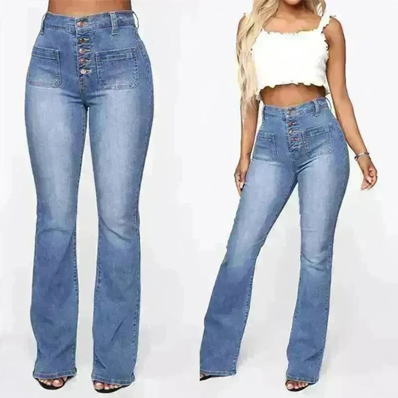 Plus Size Jeans Women Patch Pocket Washed Ladies High Waist Denim Trousers - EX-STOCK CANADA