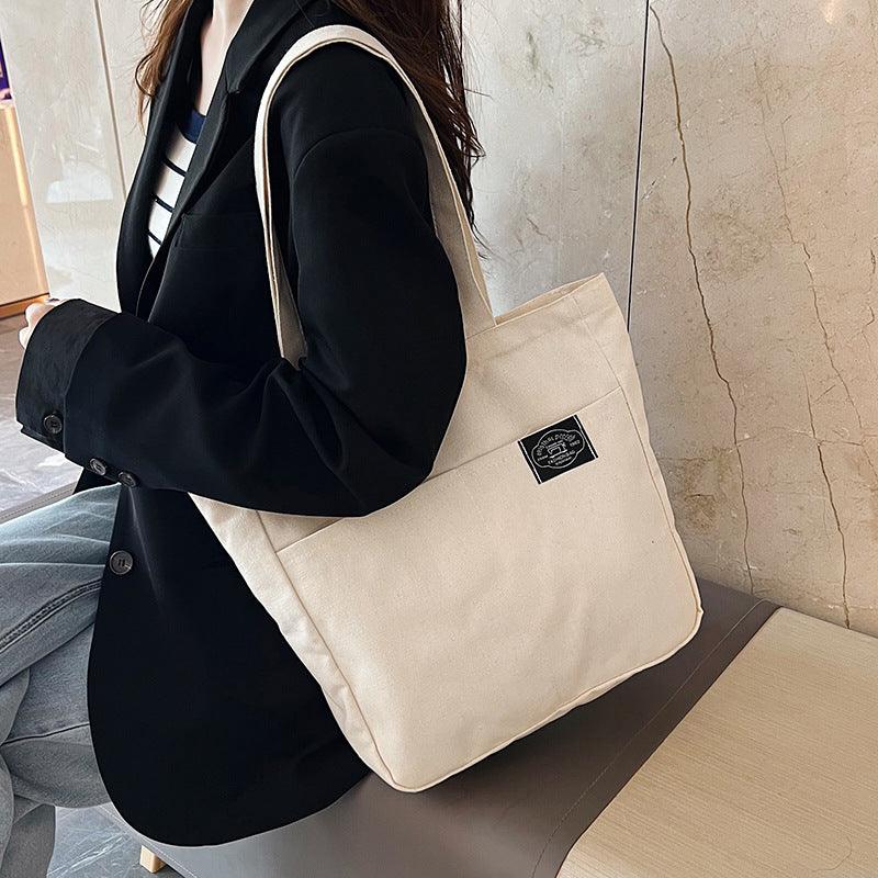Preppy Style Canvas Handbags Women's Solid Color Simple Large Capacity Daily Shoulder Bag Multiple Pockets Shopping Bags Girls Students - EX-STOCK CANADA
