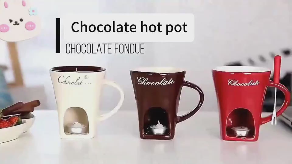 Mini Fondue Mug Set – Personal Ceramic Chocolate & Cheese Melting Pot with Fork (Beige, Coffee & Red)