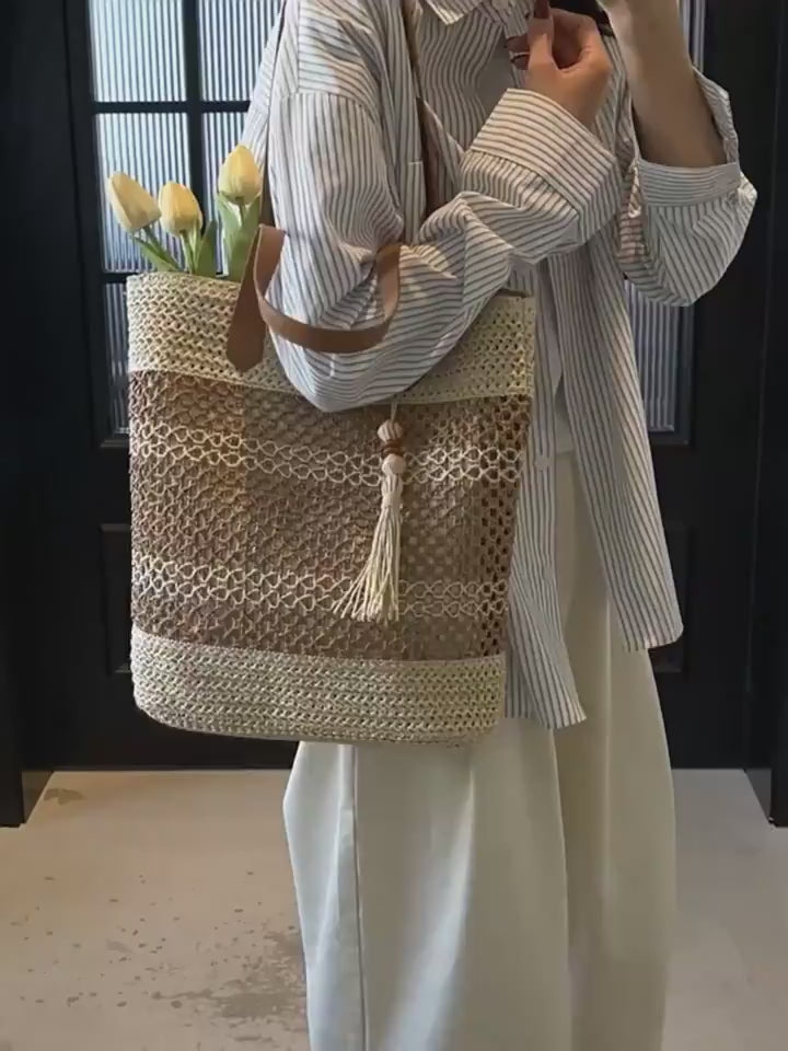 Striped Straw Beach Tote Bag with Tassel – Large Capacity Boho Shoulder Bag | Beige & Brown 6
