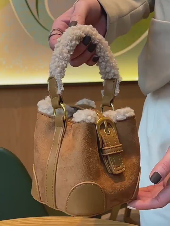 Retro Plush Mini Crossbody Bag for Women – Sherpa Trim Bucket Bag in 4 Colours 3