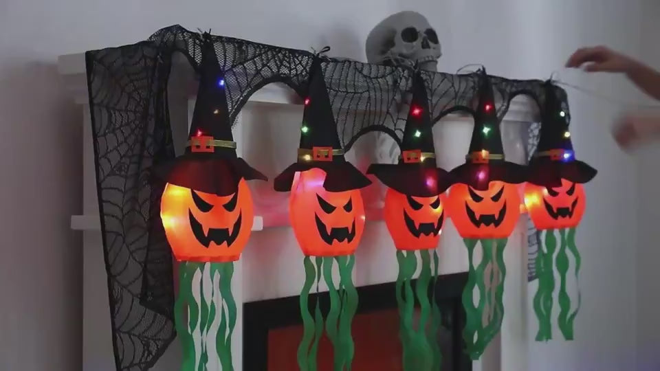 Halloween Glowing Witch Hat Ghost Hanging Decoration — Orange & White, Single or 3-Pack