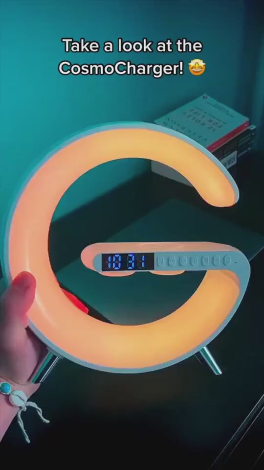 G-Shaped LED Lamp with Bluetooth Speaker & 15W Wireless Charger – App-Controlled Atmosphere Light for Bedroom