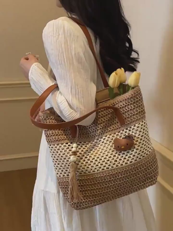 Striped Straw Beach Tote Bag with Tassel – Large Capacity Boho Shoulder Bag | Beige & Brown 7