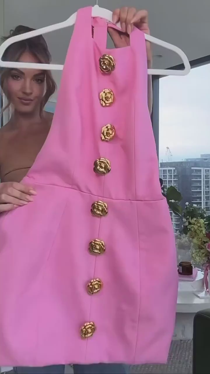 Dolce abito senza maniche senza maniche con rosa button Design Summer Street Fashion Mini Abite Donne