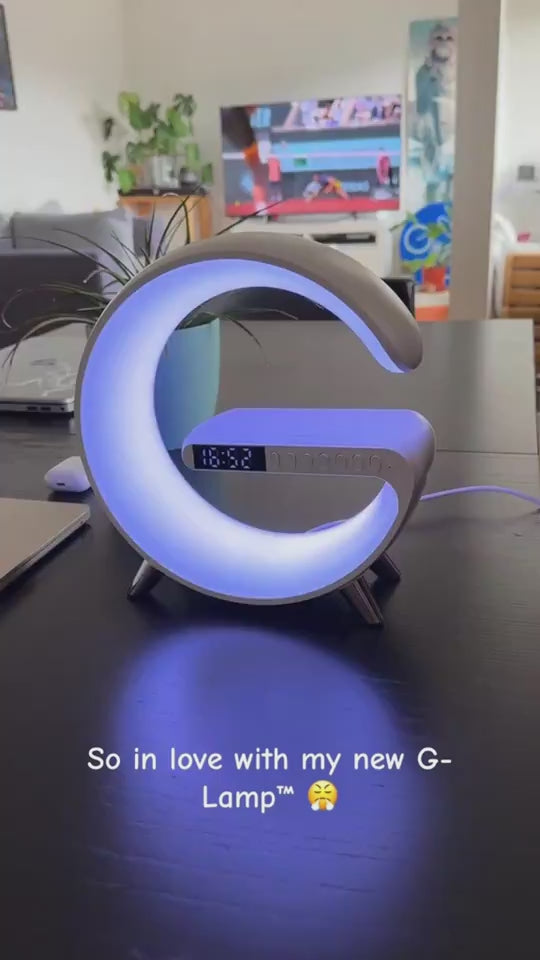 G-Shaped LED Lamp with Bluetooth Speaker & 15W Wireless Charger – App-Controlled Atmosphere Light for Bedroom